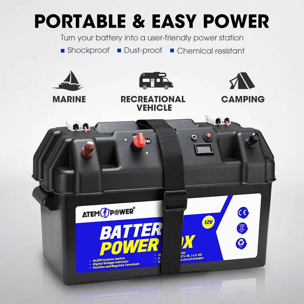 ATEM POWER Battery Box Portable 12V Deep Cycle AGM Universal Camping Large - Roxom Boat trailer Parts