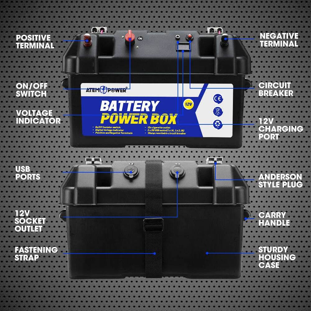ATEM POWER Battery Box Portable 12V Deep Cycle AGM Universal Camping Large - Roxom Boat trailer Parts