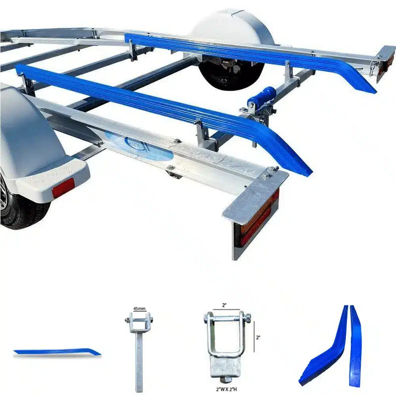 Blue and silver boat trailer with additional components on a white background